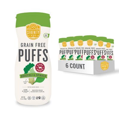 Serenity Kids 6 Months Grain Free Puffs Toddler  Baby Snack - No Added Sugar, Gluten  Rice Free, BPA  Allergen Free - WOrg. Cassava, Veggies,  Herbs - Broccoli  Spinach - 6 Count - Baby Puffs