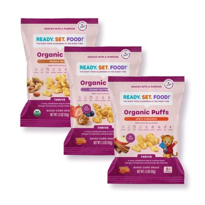 Organic Puffs - Early Allergen Introduction Snack Puffs w 9 Top Allergens by Ready Set Food, No Added Sugar, Babies 8 Months, Variety 3-Pack (Peanut Butter Berry, Peanut Butter,  Apple Cinnamon)