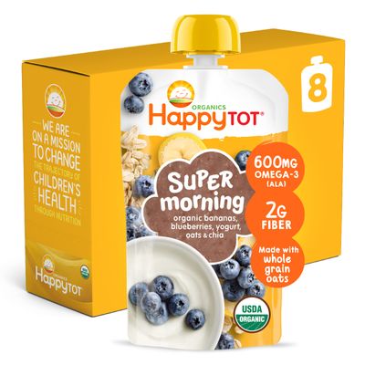 Happy Tot Organics Stage 4 Baby Food Pouches, Gluten Free, Super Morning Fruit  Oat Blend, Bananas, Blueberries, Yogurt, Oats  Chia, 4 Oz (Pack of 8)