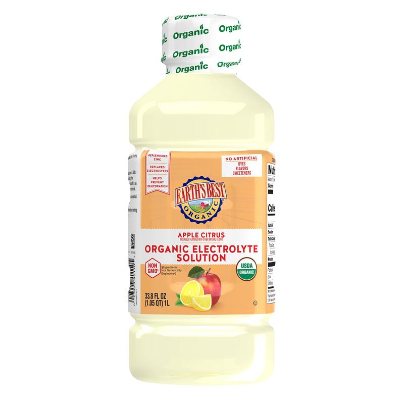 Earth&#39;s Best Organic Toddler Drink, Organic Electrolyte Solution for Children 2 Years and Older, Organic Apple Citrus Drink with Zinc, 1 Liter Bottle (Pack of 4) (Packaging May Vary)