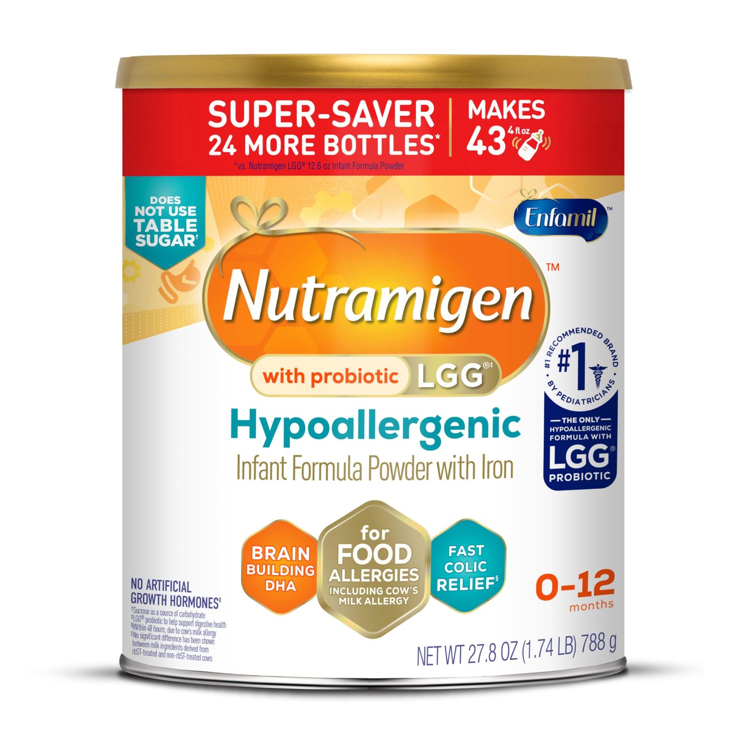 Enfamil Nutramigen Hypoallergenic Baby Formula with Iron, Lactose Free, Colic Relief from Cow&#39;s Milk Allergy Starts in 24 Hours, Brain Building DHA, Probiotic LGG for Immune Support, 27.8 Oz Can
