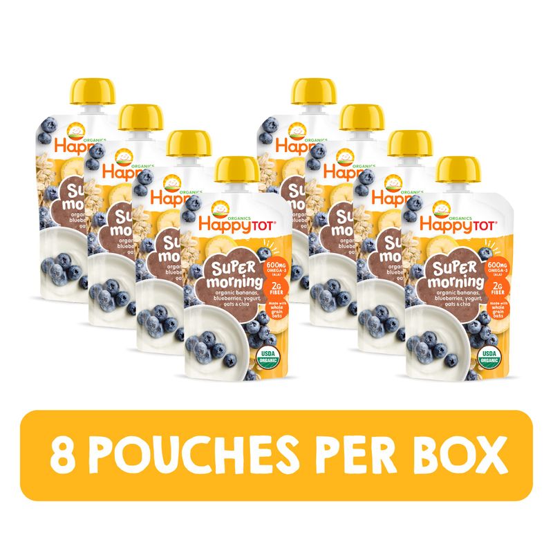 Happy Tot Organics Stage 4 Baby Food Pouches, Gluten Free, Super Morning Fruit  Oat Blend, Bananas, Blueberries, Yogurt, Oats  Chia, 4 Oz (Pack of 8)