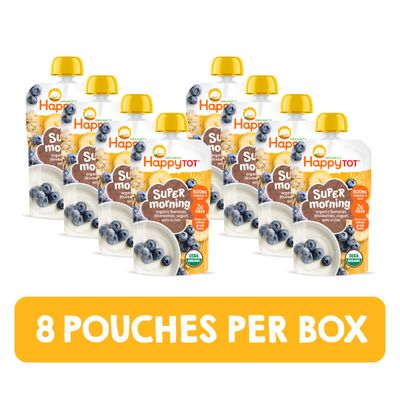 Happy Tot Organics Stage 4 Baby Food Pouches, Gluten Free, Super Morning Fruit Oat Blend, Bananas, Blueberries, Yogurt, Oats Chia, 4 Oz (Pack of 8)