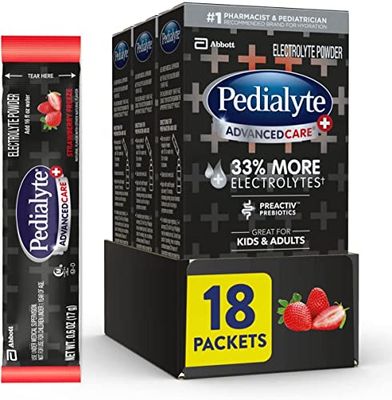 Pedialyte AdvancedCare Plus Electrolyte Powder, with 33 More Electrolytes and PreActiv Prebiotics, Strawberry Freeze, Electrolyte Drink Powder Packets, 0.6 Oz (18 Count)