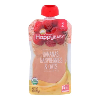 Happy Baby Organics Clearly Crafted Stage 2 Baby Food Bananas Raspberries  Oats, 4 Ounce Pouch Resealable Baby Food Pouches, Fruit  Veggie Puree, Organic Non-GMO Gluten Free Kosher (Pack of 8)