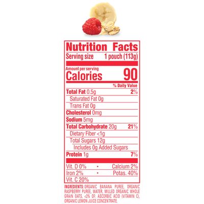 Happy Baby Organics Clearly Crafted Stage 2 Baby Food Bananas Raspberries Oats, 4 Ounce Pouch Resealable Baby Food Pouches, Fruit Veggie Puree, Organic Non-GMO Gluten Free Kosher (Pack of 8)