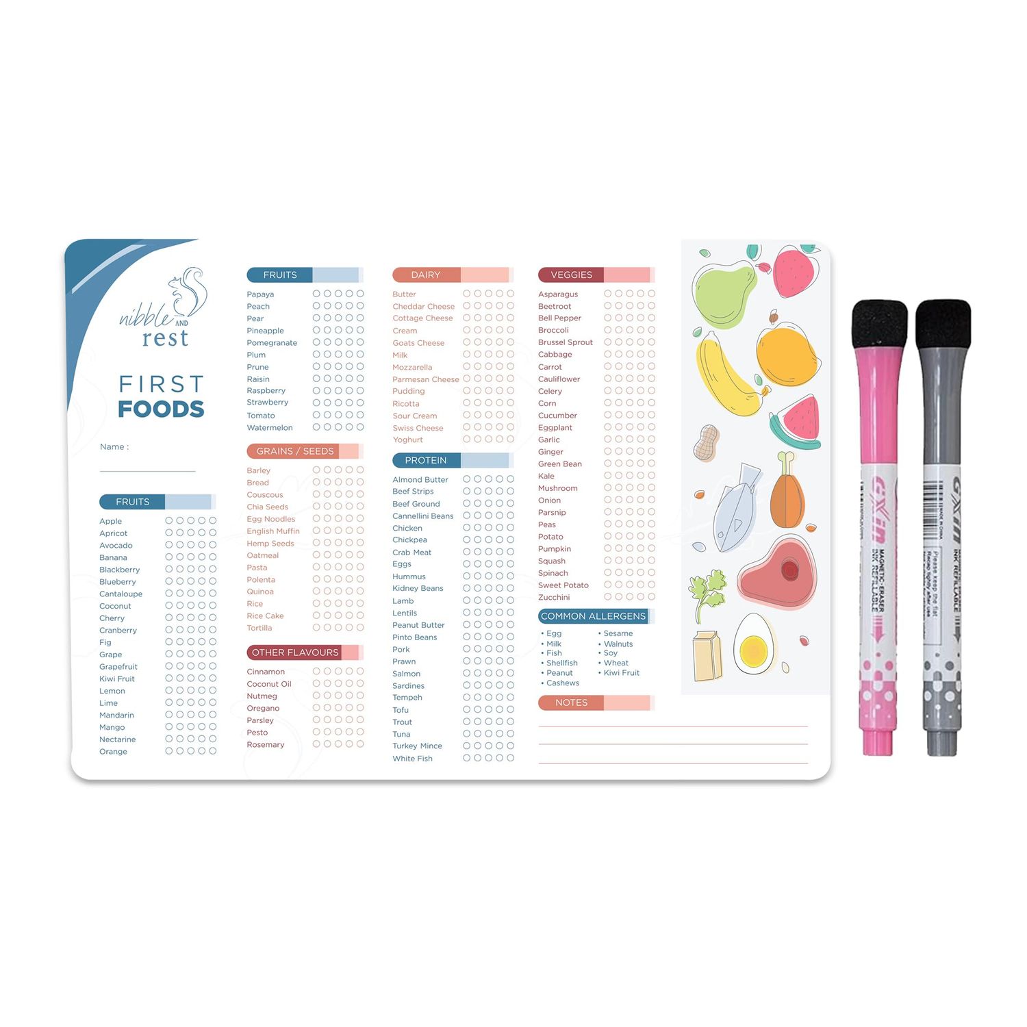 Nibble and Rest Baby&#39;s First Foods Tracker Fridge Magnet, Dry Erase Activity Poster, Daily Food Log, 101 Before One, Baby Food ChartChecklist 25x35cm