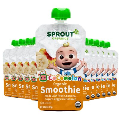 Sprout Organic Baby Food, Stage 4 Toddler Smoothie Pouches, Peach Banana with Yogurt, 4 Oz Purees (Pack of 12)