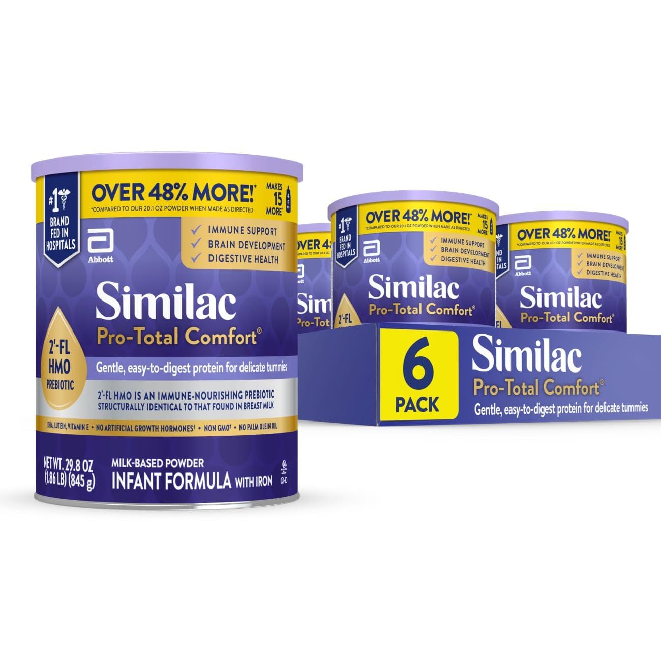 Similac Pro-Total Comfort Infant Formula with Iron, Gentle, Easy-to-Digest Formula, with 2&#39;-FL HMO for Immune Support, Non-GMO, Baby Formula Powder, 29.8-oz Can, Pack of 6