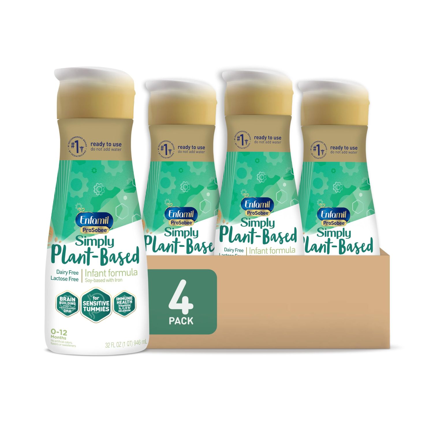 Enfamil Prosobee Plant based Baby Formula, for Sensitive Tummies, Soy-based Plant Sourced Protein, Vitamins for Immune Support, Lactose-free, Milk free, Gluten free, 32 Fl Oz Bottle (4 count)