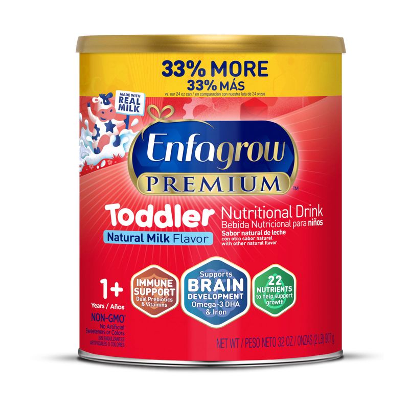 Enfagrow NeuroPro Toddler Nutritional Drink, Made with Real Milk, Brain-Building Omega-3 DHA, Nutrients and Prebiotics for Growth  Immune Support, Non-GMO, Toddler Milk Powder, 32 Oz Can