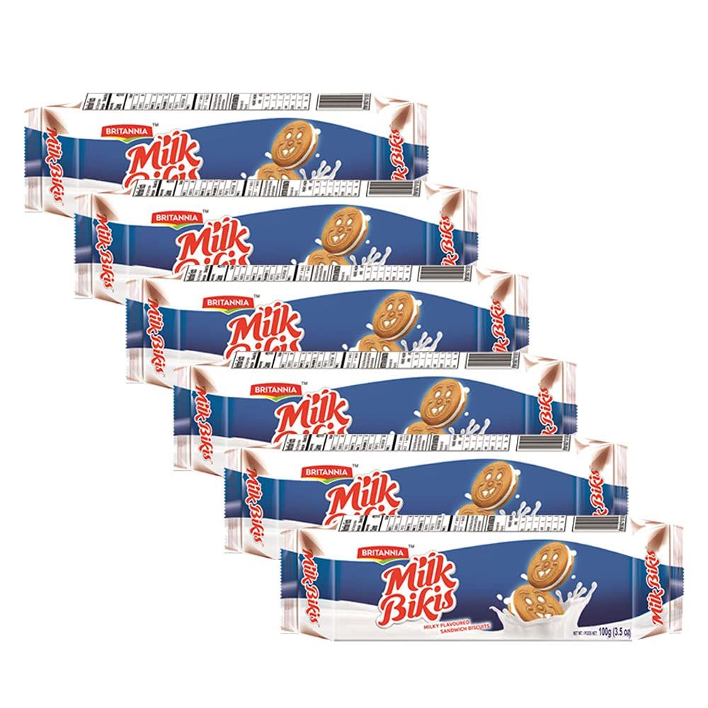Britannia Milk Bikis Cookies 3.52oz (100g) - Cream Sandwiched Crispy Cookies - Kids Favorite Breakfast  Tea Time Snacks (Pack of 6)