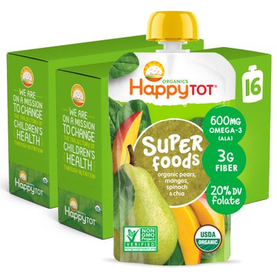 HAPPYTOT Organics Super Foods Stage 4, Pears, Mangos and Spinach  Super Chia, 4.22 Ounce Pouch (Pack of 16) packaging may vary