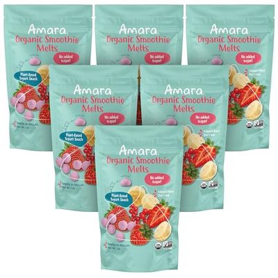 Amara Smoothie Melts - Mixed Red Berries - Baby Snacks Made With Fruits and Vegetables - Healthy Toddler Snacks For Your Kids Lunch Box - Organic Plant Based Yogurt Melts - 6 Resealable Bags