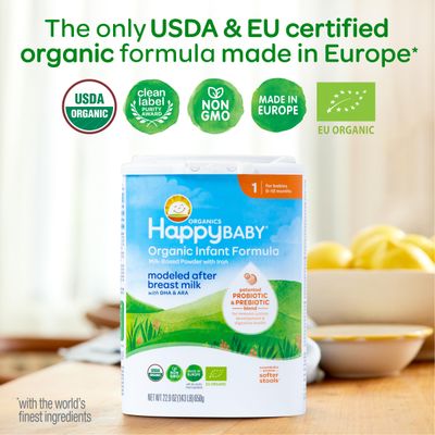Happy Baby Organics Stage 1 Infant Formula, 0-12 Months, Milk Based Organic Baby Formula Powder with Iron, Probiotics  Prebiotics for Immune  Digestive Support, 22.9 Ounce (Pack of 1)