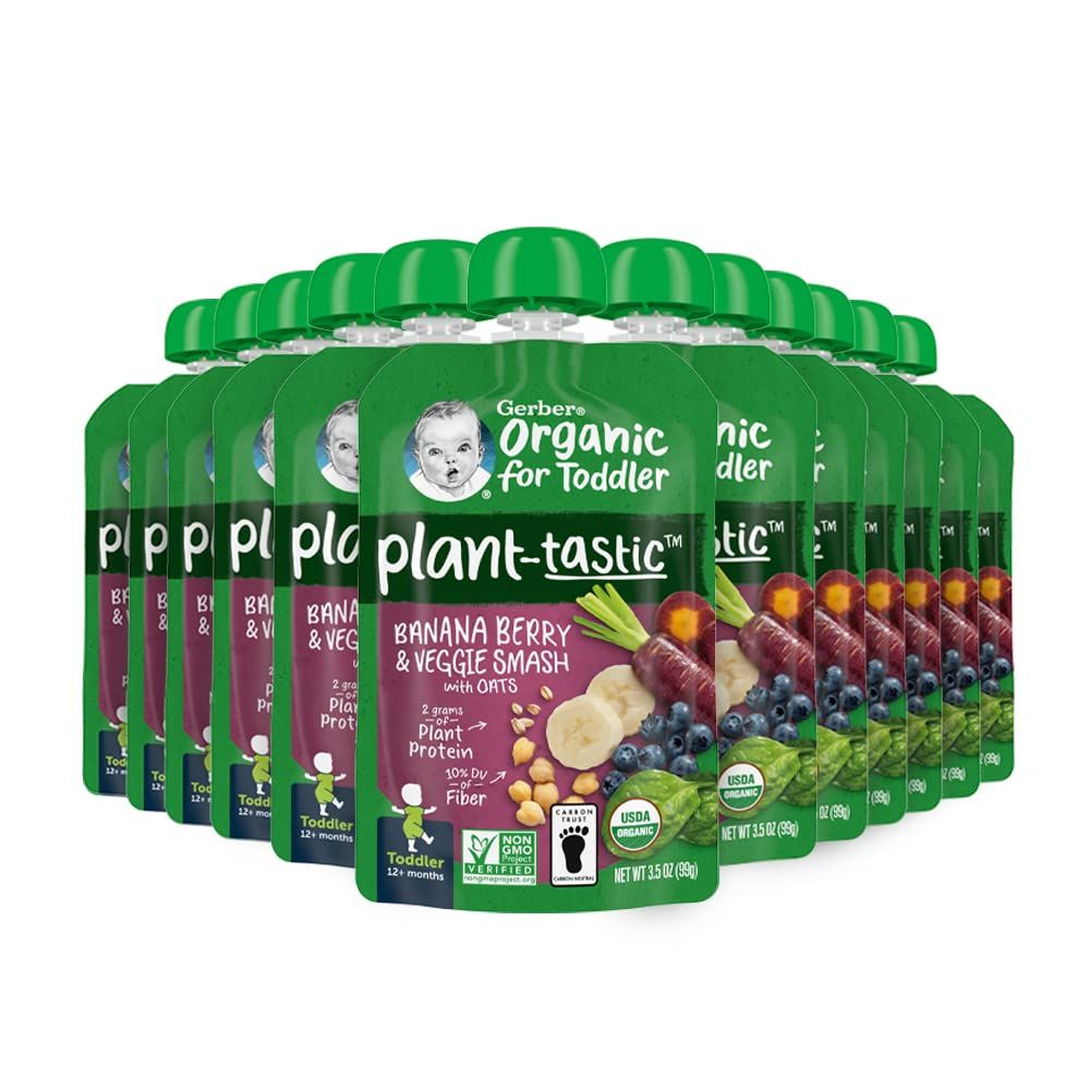 Gerber Organic Baby Food Pouches, Toddler, Plant-tastic, Banana Berry  Veggie Smash, 3.5 Ounce (Pack of 12)
