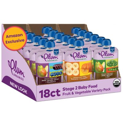 Plum Organics Stage 2 Organic Baby Food - Fruit and Veggie Variety Pack - 4 oz Pouch (Pack of 18) - Organic Fruit and Vegetable Baby Food Pouch