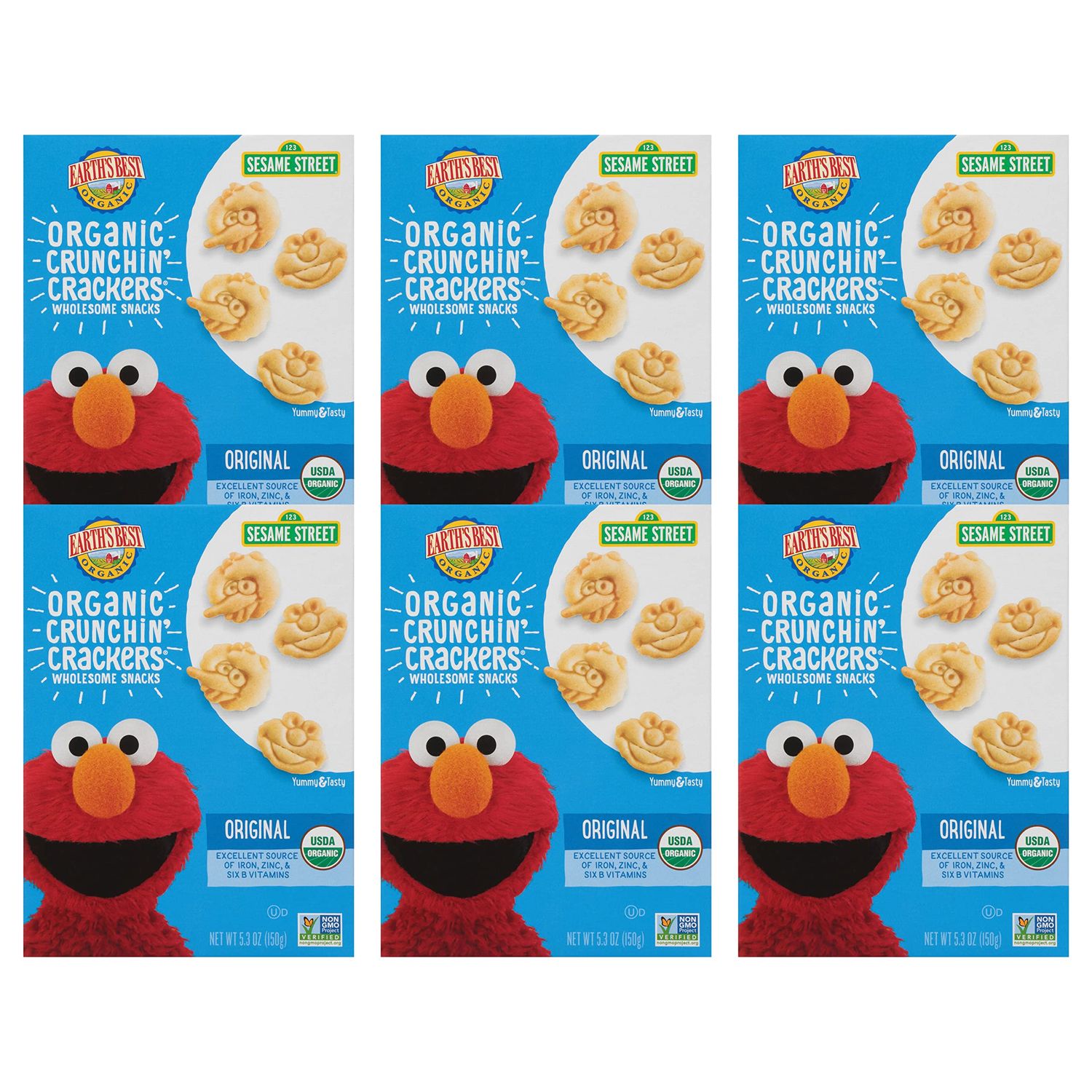 Earth's Best Organic Kids Snacks, Sesame Street Toddler Snacks, Organic Crunchin' Crackers, Wholesome Snacks for Toddlers 2 Years and Older, Original, 5.3 oz Box (Pack of 6)