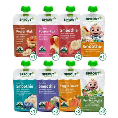 Sprout Organic Baby Food, Stage 4 Toddler Pouches, 9 Flavor Power Pak and Smoothie Sampler, 4 Oz Purees 12 Count (Pack of 1)