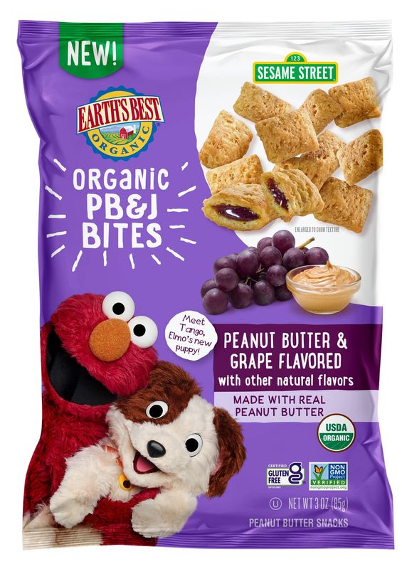 Earth&#39;s Best Organic Kids Snacks, Sesame Street Toddler Snacks, Organic PBJ Bites for Toddlers 2 Years and Older, Peanut Butter and Grape Flavored with Other Natural Flavors, 3 oz Bag