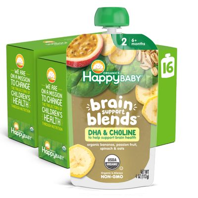 Happy Baby Organics Brain Support Blends Bananas, Spinach, Passionfruit  Oats with DHA and Choline 4oz Pouch (Pack of 16)