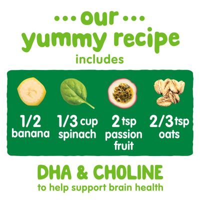 Happy Baby Organics Brain Support Blends Bananas, Spinach, Passionfruit  Oats with DHA and Choline 4oz Pouch (Pack of 16)