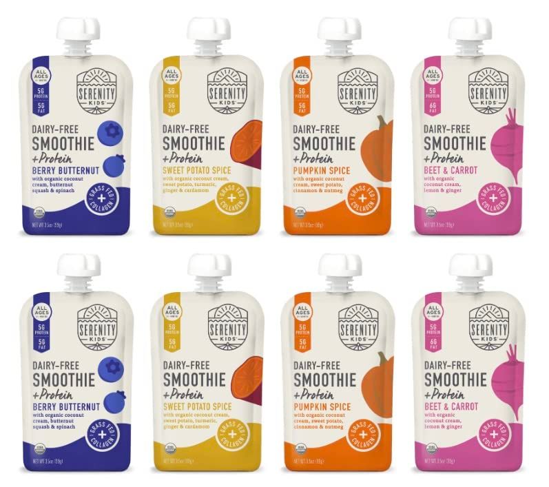 Serenity Kids 6 Months Dairy-Free Smoothie Baby Food - USDA Organic - Grass Fed Collagen Protein - 3.5 Ounce BPA-Free Pouch - Variety Pack - 8 Count - Smoothie Pouches - Baby Smoothie Pouch Set