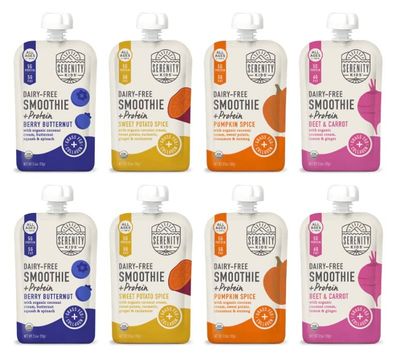 Serenity Kids 6 Months Dairy-Free Smoothie Baby Food - USDA Organic - Grass Fed Collagen Protein - 3.5 Ounce BPA-Free Pouch - Variety Pack - 8 Count - Smoothie Pouches - Baby Smoothie Pouch Set