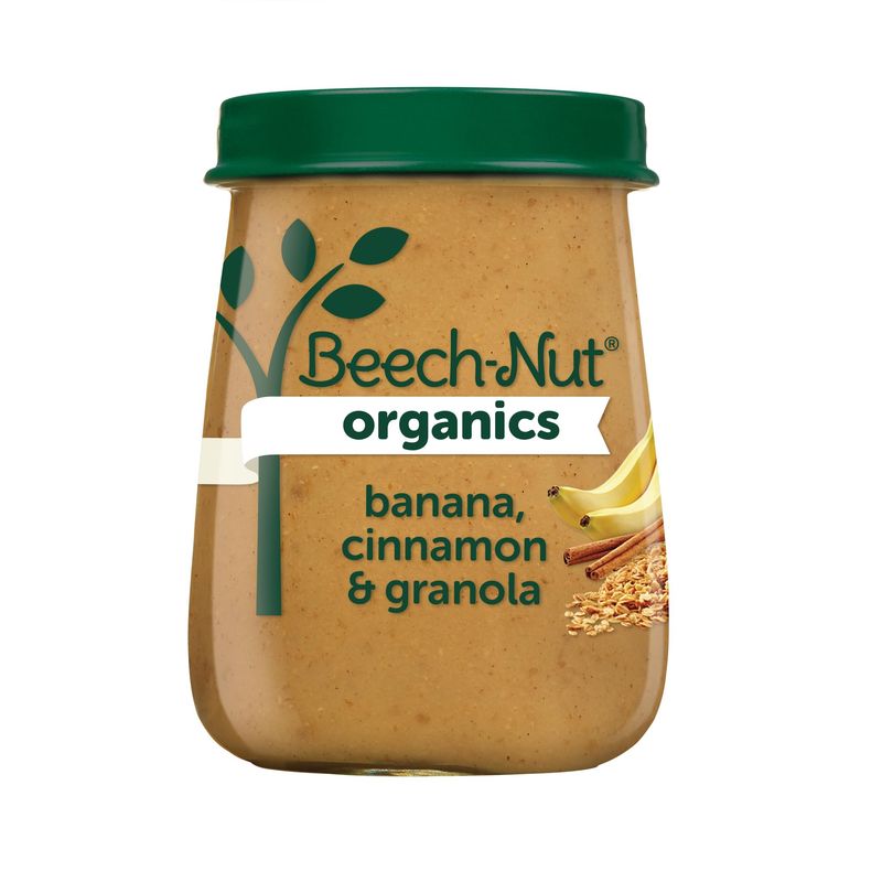 Beech-Nut Organic Baby Food Jars, Organic Banana Cinnamon  Granola Puree, Stage 2 Baby Food for Babies 6 Months and Up, Non-GMO, 4oz Glass Jars, 10ct