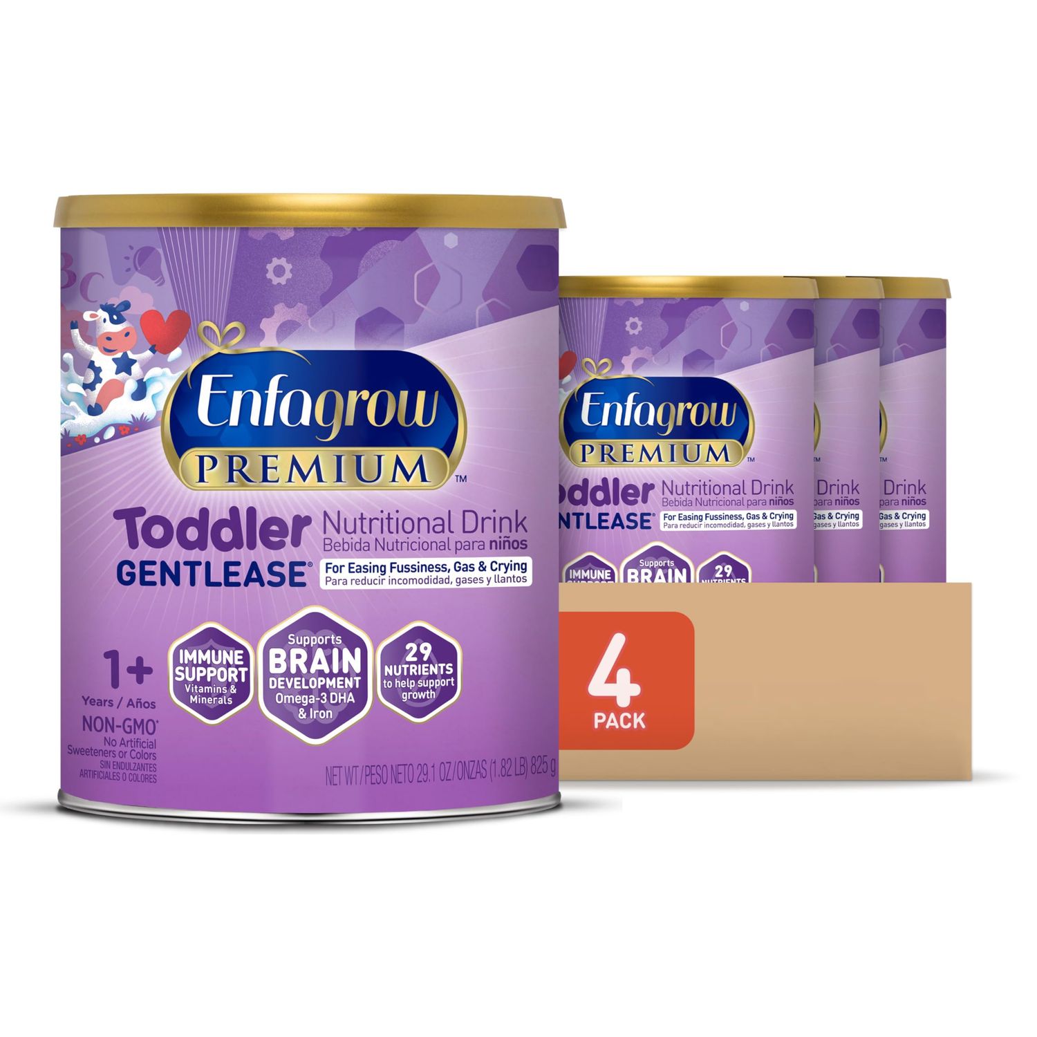 Enfagrow PREMIUM Gentlease Toddler Nutritional Drink, Made with Real Milk, Designed to Ease Fussiness, Gas  Crying, Nutrients for Growth  Immune Support, Powder Can, 29.1 Oz (Pack of 4)