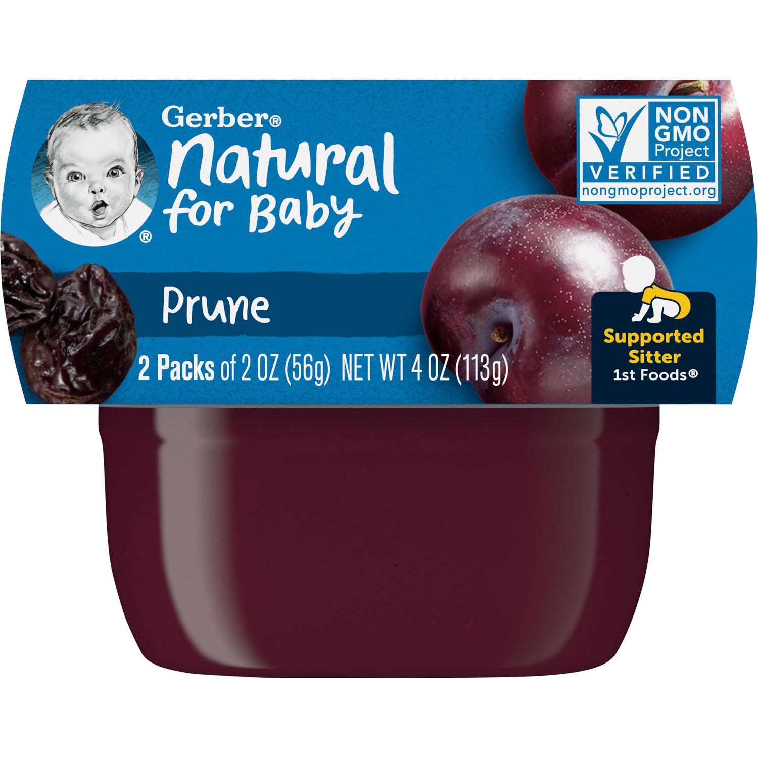 Gerber 1st Foods Baby Food, Prune Puree, Natural  Non-GMO, 2 Ounce Tubs, 2-Pack (Pack of 8)