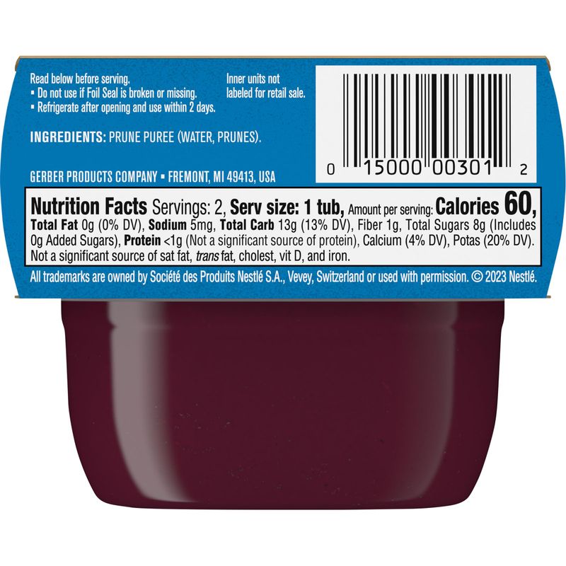 Gerber 1st Foods Baby Food, Prune Puree, Natural  Non-GMO, 2 Ounce Tubs, 2-Pack (Pack of 8)