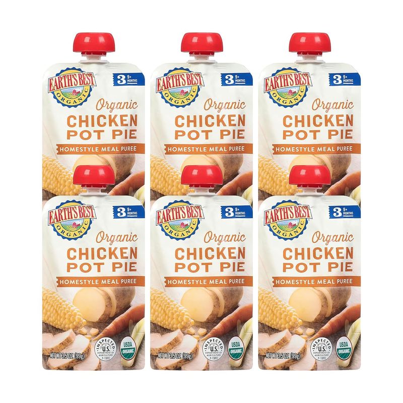 Earth&#39;s Best Organic Baby Food Pouches, Stage 3 Homestyle Meal Puree for Babies 9 Months and Older, Organic Chicken Pot Pie Puree, 3.5 oz Resealable Pouch (Pack of 6)