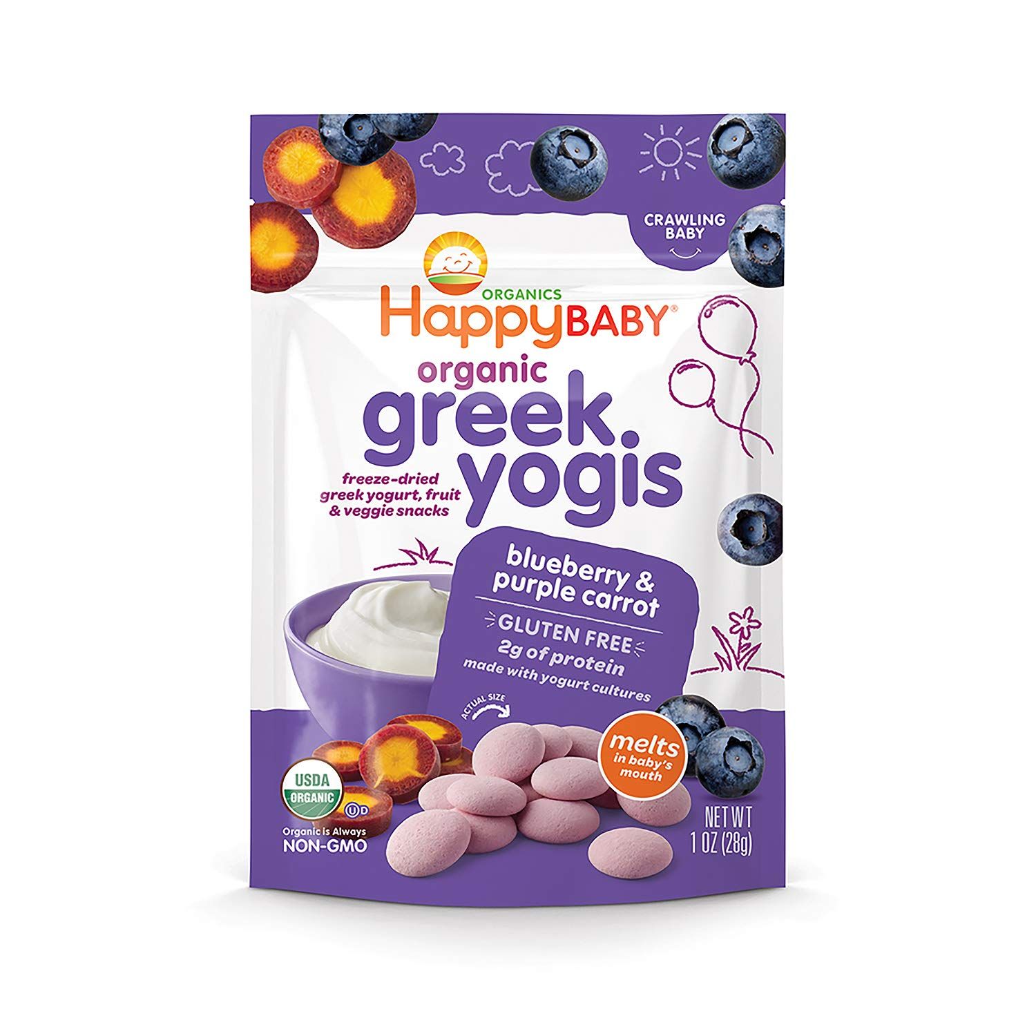 Happy Baby Organic Greek Yogis Freeze-Dried Greek Yogurt and Fruit Snacks, BlueberryPurple Carrot, 1 Ounce (Pack of 8)