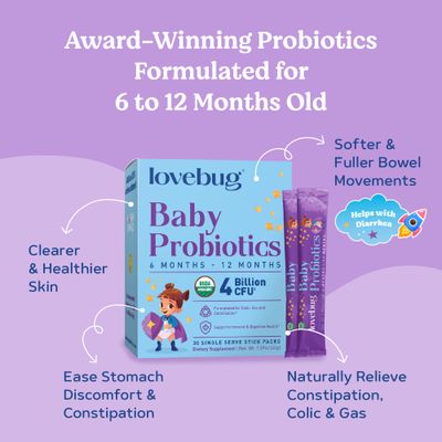 Lovebug Award Winning USDA Organic Probiotic for Babies | Multi-Strain 4 Billion CFU | Easy-to-Take Powder | Sugar Free | Ages 6-12 Months | 60 Packets