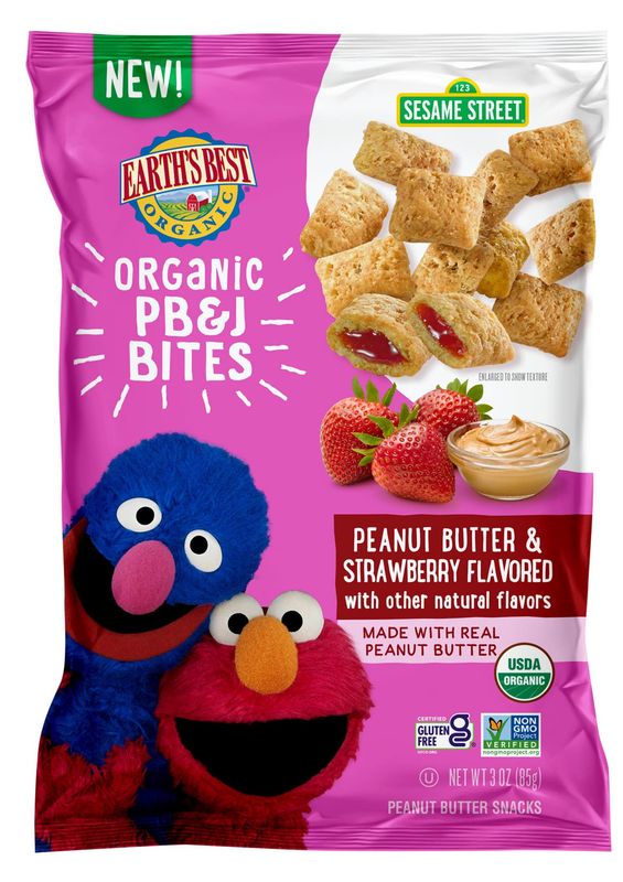 Earth&#39;s Best Organic Kids Snacks, Sesame Street Toddler Snacks, Organic PBJ Bites for Toddlers 2 Years and Older, Peanut Butter and Strawberry Flavored with Other Natural Flavors, 3 oz Bag