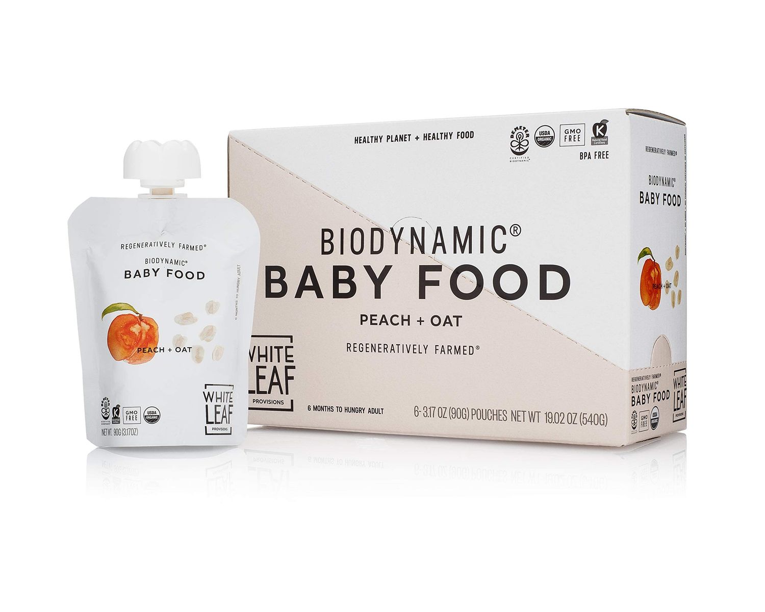 White Leaf Provisions Biodynamic  Organic Baby Food  Snacks - Peach  Oat Unsweetened Baby Puree Pouches - Squeezable Baby Food  Toddler Snack - 6 x 90g Organic Fruit Pouches