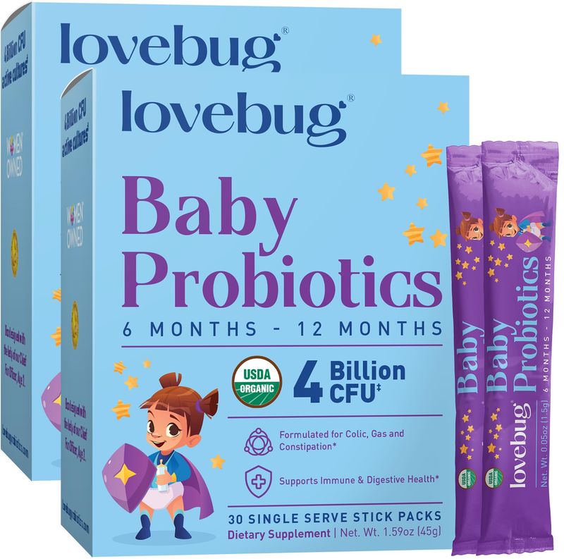 Lovebug Award Winning USDA Organic Probiotic for Babies | Multi-Strain 4 Billion CFU | Easy-to-Take Powder | Sugar Free | Ages 6-12 Months | 60 Packets