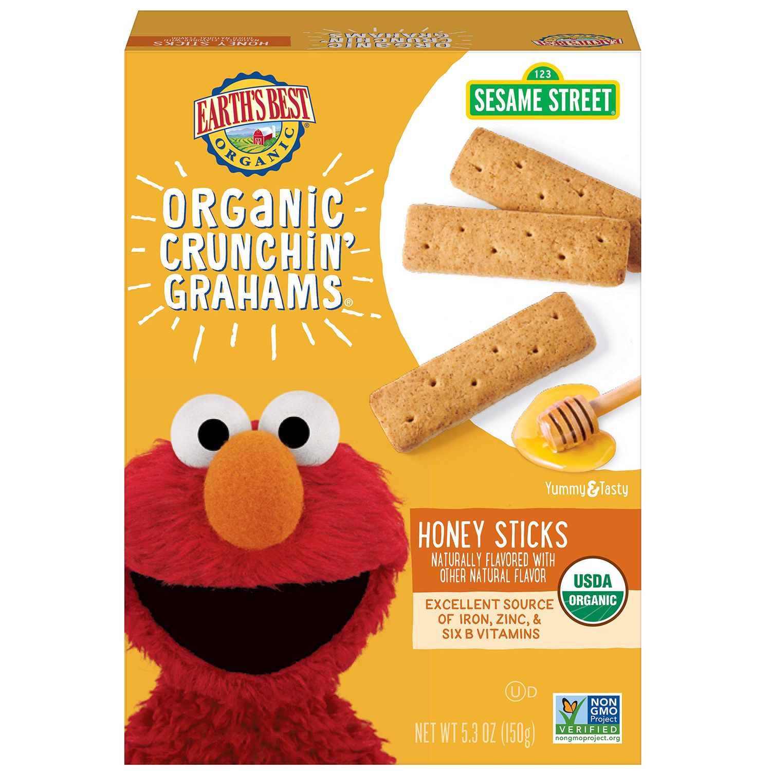 Earth&#39;s Best Organic Kids Snacks, Sesame Street Toddler Snacks, Organic Crunchin&#39; Grahams for Toddlers 2 Years and Older, Honey Sticks with other Natural Flavors, 5.3 oz Box