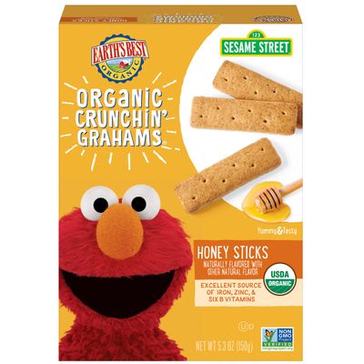 Earth&#39;s Best Organic Kids Snacks, Sesame Street Toddler Snacks, Organic Crunchin&#39; Grahams for Toddlers 2 Years and Older, Honey Sticks with other Natural Flavors, 5.3 oz Box