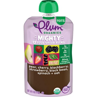 Plum Organics Mighty 4 Blends Pear, Cherry, Blackberry, Strawberry, Black Bean, Spinach  Oat, 4 Oz