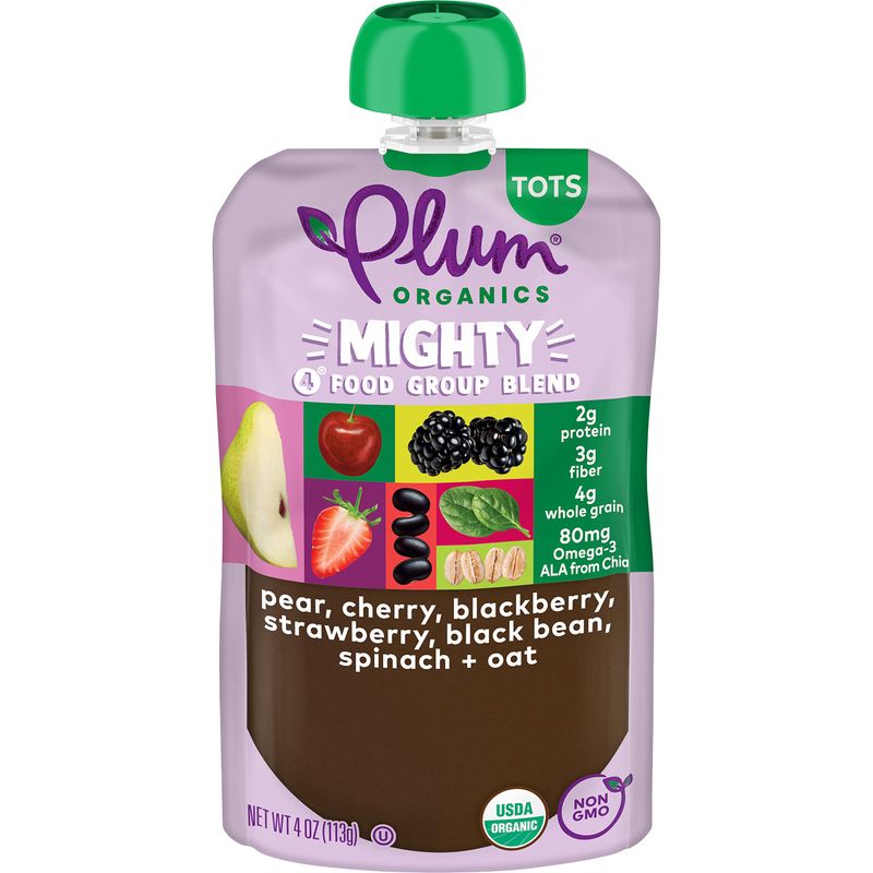 Plum Organics Mighty 4 Blends Pear, Cherry, Blackberry, Strawberry, Black Bean, Spinach  Oat, 4 Oz