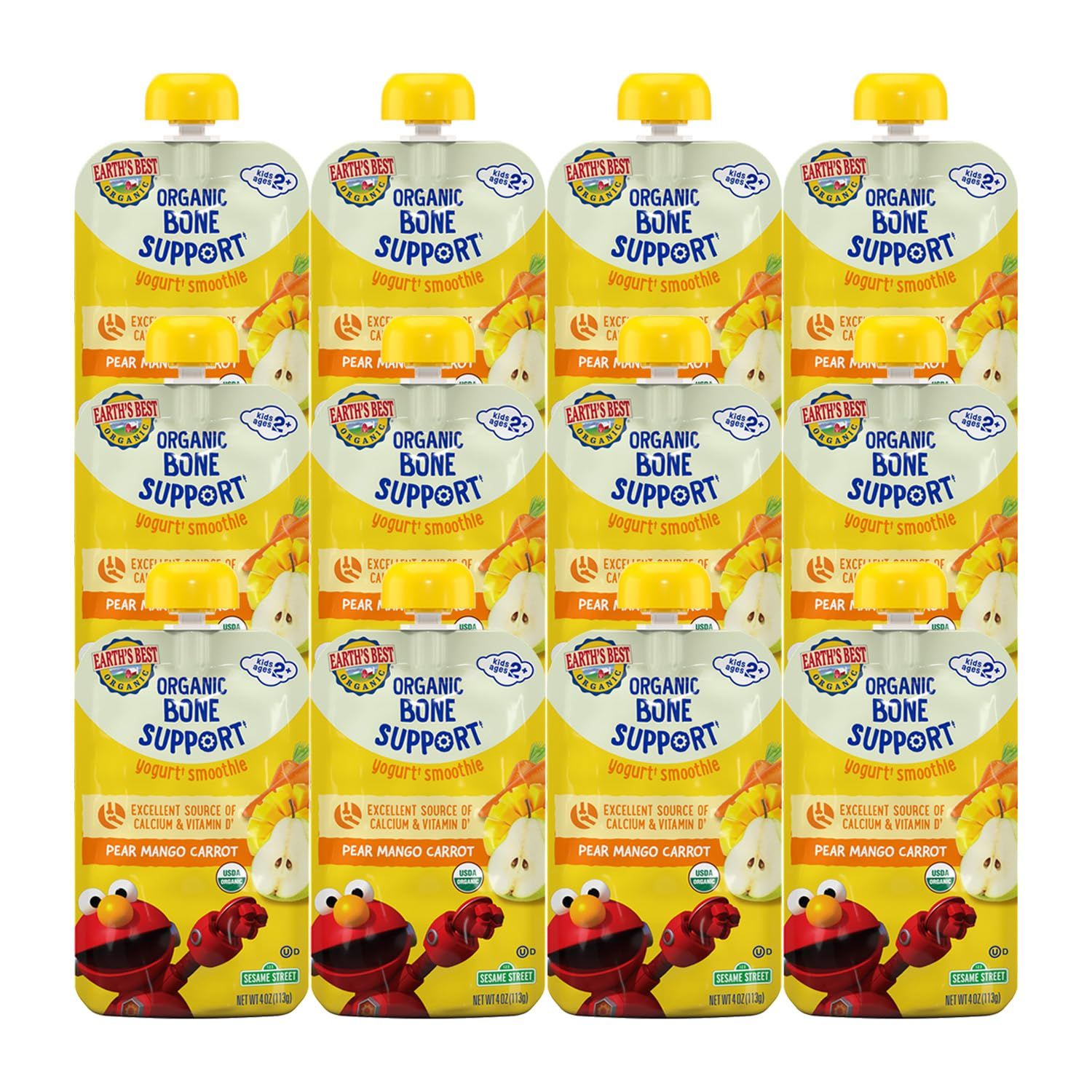 Earth&#39;s Best Organic Kids Snacks, Sesame Street Toddler Snacks, Bone Support Fruit  Veggie Smoothie for Toddlers 2 Years and Older, Pear Mango Carrot, 4 oz (Pack of 12)