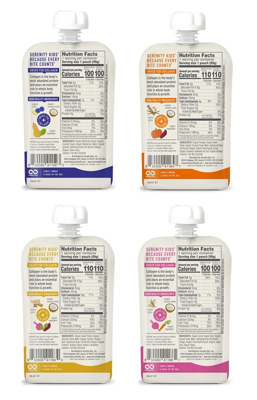 Serenity Kids 6 Months Dairy-Free Smoothie Baby Food - USDA Organic - Grass Fed Collagen Protein - 3.5 Ounce BPA-Free Pouch - Variety Pack - 8 Count - Smoothie Pouches - Baby Smoothie Pouch Set