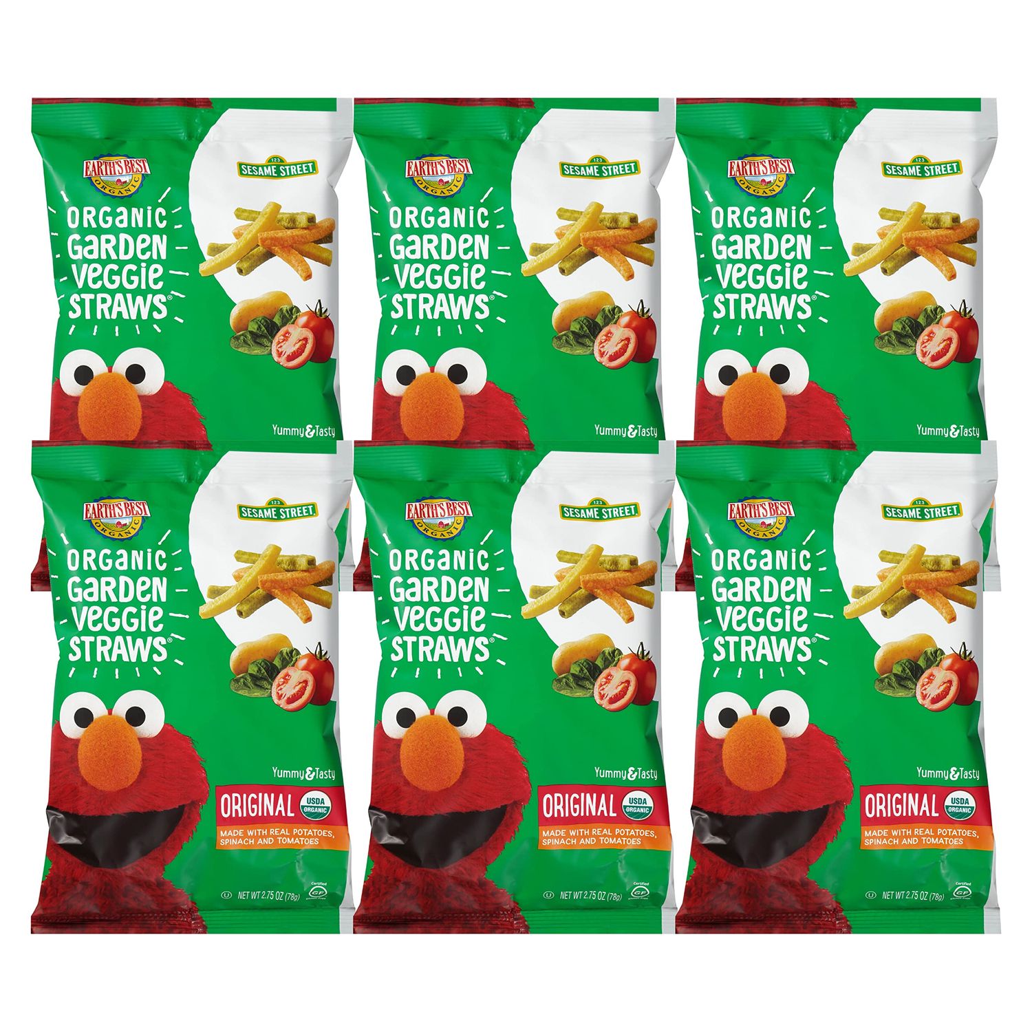 Earth&#39;s Best Organic Kids Snacks, Sesame Street Toddler Snacks, Organic Garden Veggie Straws for Toddlers 2 Years and Older, Original, 2.75 oz Bag (Pack of 6)