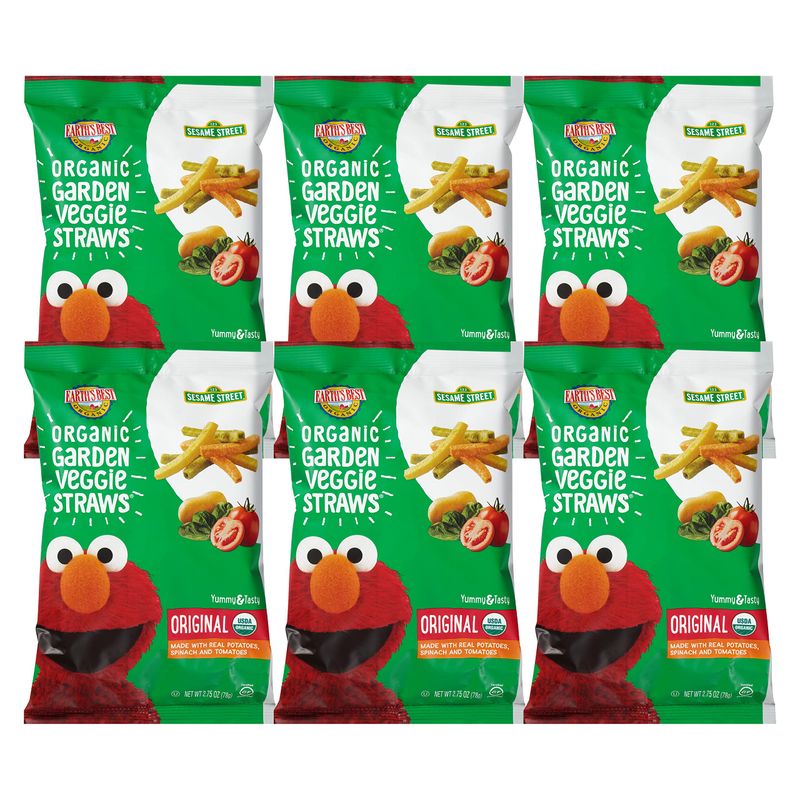 Earth&#39;s Best Organic Kids Snacks, Sesame Street Toddler Snacks, Organic Garden Veggie Straws for Toddlers 2 Years and Older, Original, 2.75 oz Bag (Pack of 6)