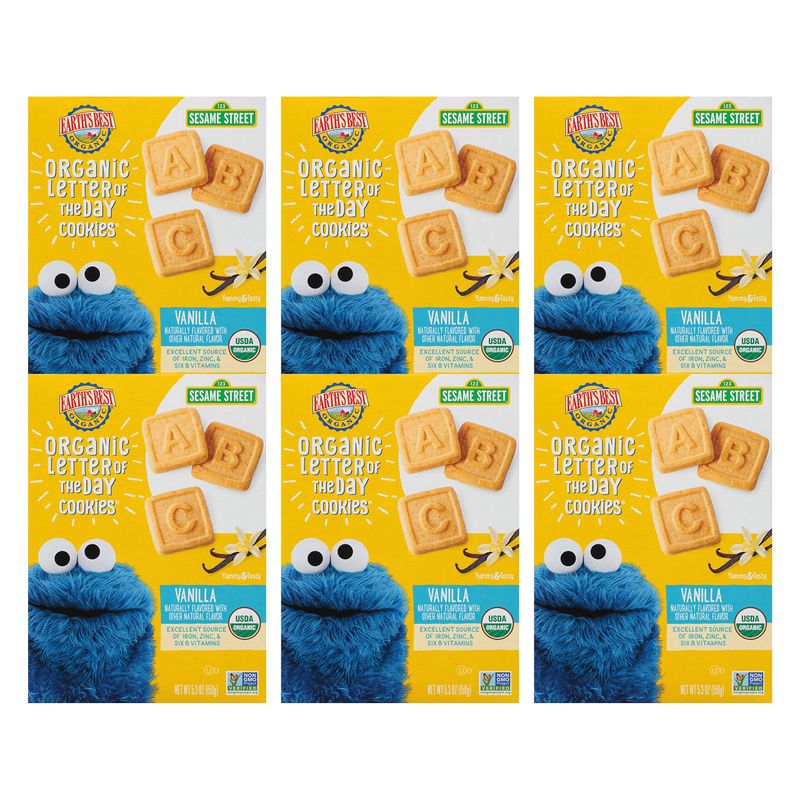 Earth&#39;s Best Organic Kids Snacks, Sesame Street Toddler Snacks, Organic Letter of the Day Cookies for Toddlers 2 Years and Older, Vanilla, 5.3 oz Box (Pack of 6)