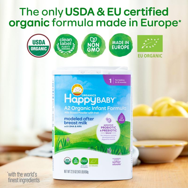 Happy Baby Organics Stage 1 A2 Infant Formula, 0-12 Months, Milk Based Organic Baby Formula Powder with A2 Milk, Probiotics  Prebiotics for Immune  Digestive Support, 22.9 Ounce (Pack of 1)