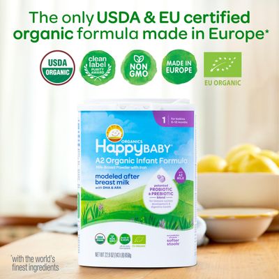 Happy Baby Organics Stage 1 A2 Infant Formula, 0-12 Months, Milk Based Organic Baby Formula Powder with A2 Milk, Probiotics Prebiotics for Immune Digestive Support, 22.9 Ounce (Pack of 1)
