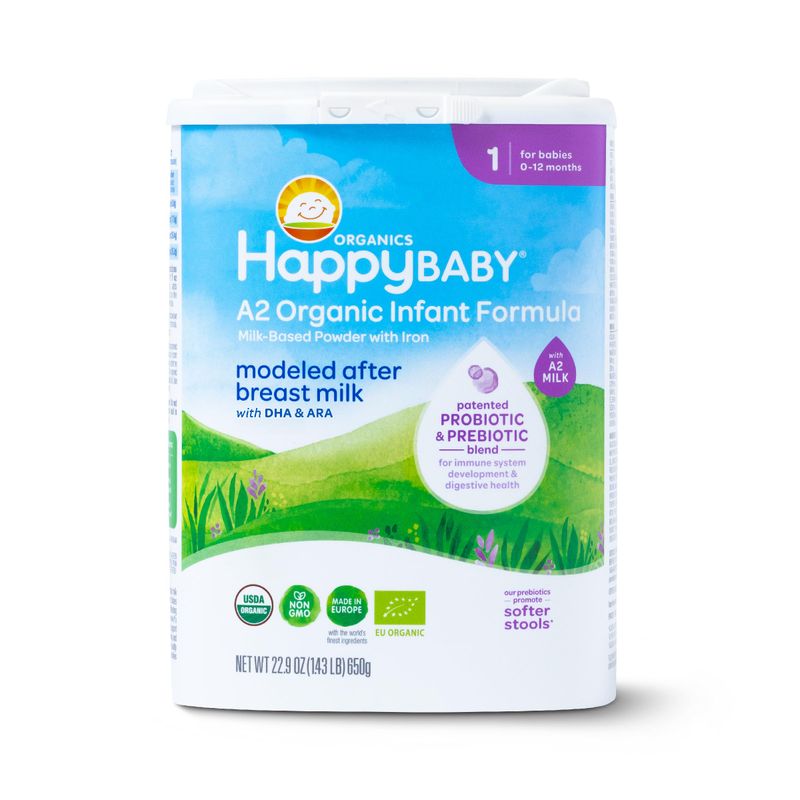 Happy Baby Organics Stage 1 A2 Infant Formula, 0-12 Months, Milk Based Organic Baby Formula Powder with A2 Milk, Probiotics  Prebiotics for Immune  Digestive Support, 22.9 Ounce (Pack of 1)